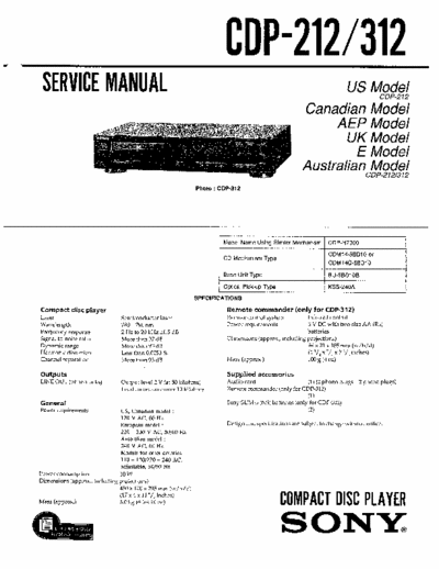 Sony CDP312 Service manual for Sony CDP312 Cd Player Part 1